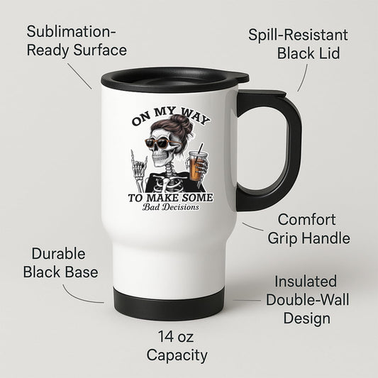 Travel mug with labels for spill-resistant lid, insulated double wall and 14oz capacity