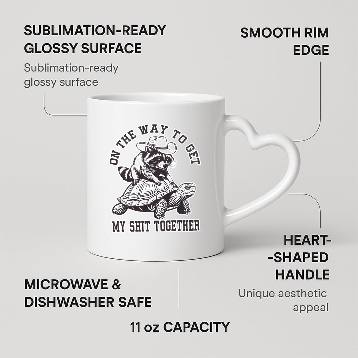 Heart-handle mug with labels for 11oz capacity, glossy surface and heart-shaped handle