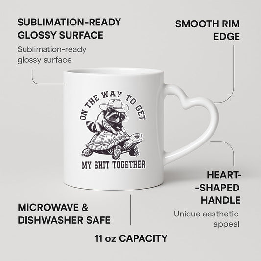 Heart-handle mug with labels for 11oz capacity, glossy surface and heart-shaped handle