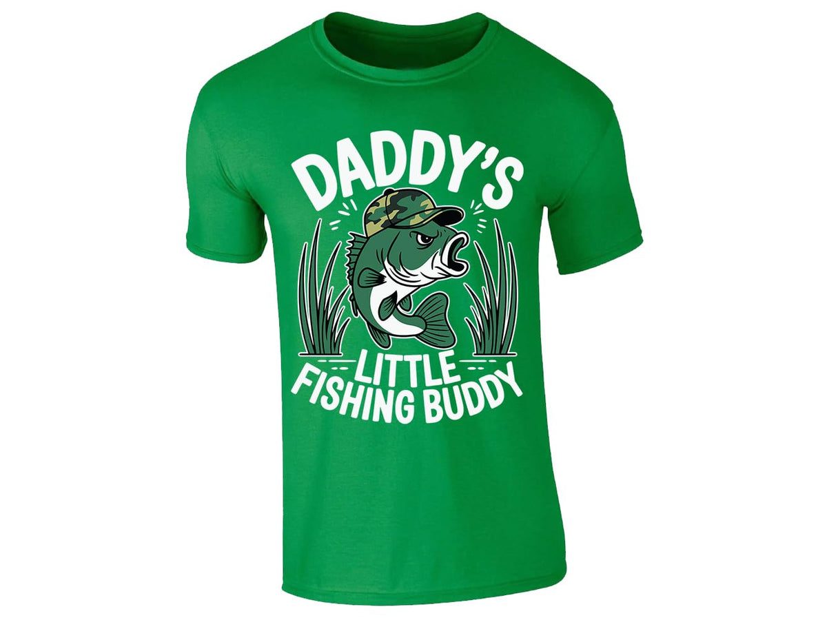 Irish Green men's T-shirt with “Daddy’s little fishing buddy” bass in camo cap design