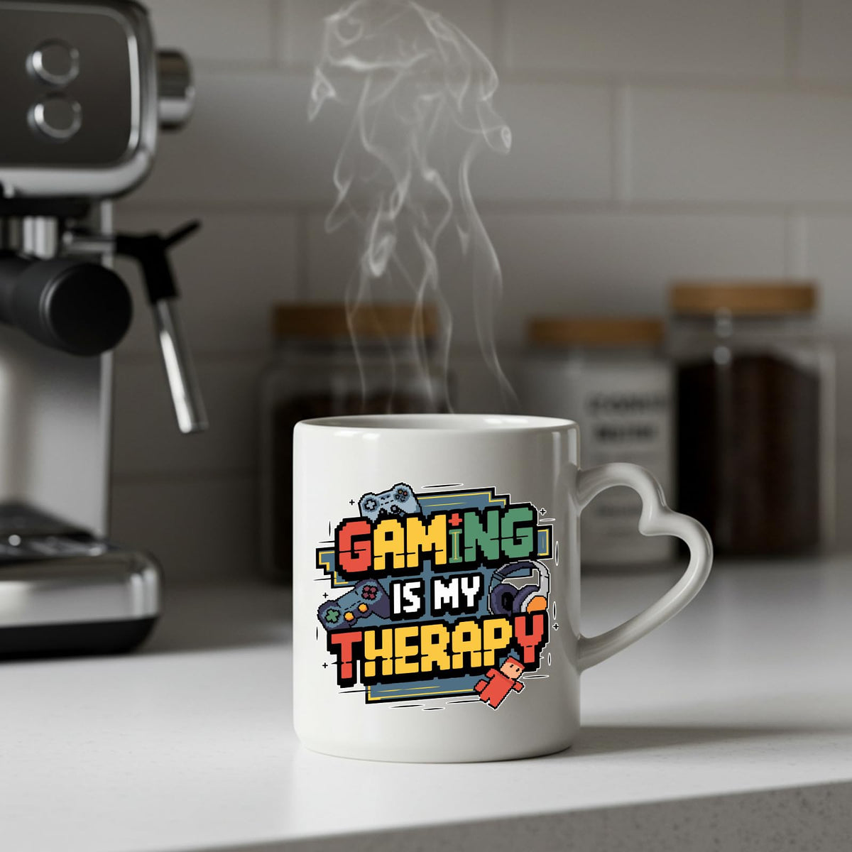 Steaming Gaming Is My Therapy heart-handle mug on a kitchen counter