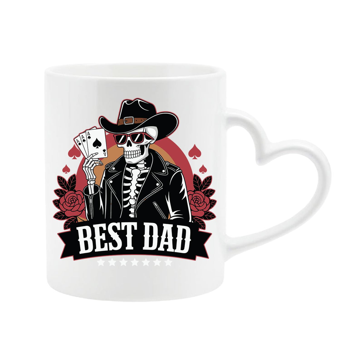 White heart-handle mug with a skeleton cowboy holding aces above a “Best Dad” banner