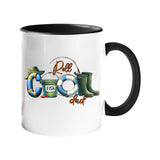 Colour handle mug with “Reel COOL Dad” spelled out with a bucket hat, bait tin, float and wellies – black handle and inside