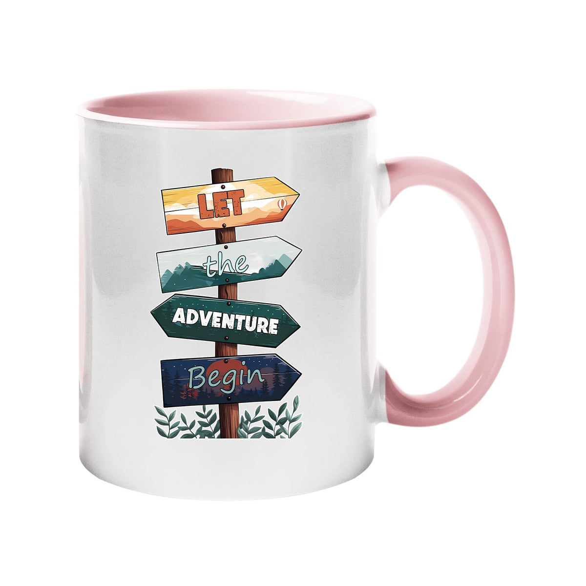 Colour handle mug with wooden signposts spelling out “Let the adventure begin” – light pink handle and inside