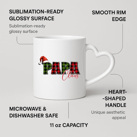 Heart-handle mug with labels for 11oz capacity, glossy surface and heart-shaped handle