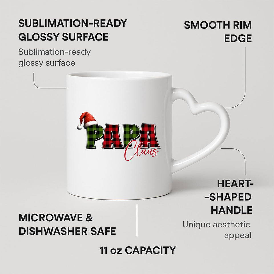 Heart-handle mug with labels for 11oz capacity, glossy surface and heart-shaped handle