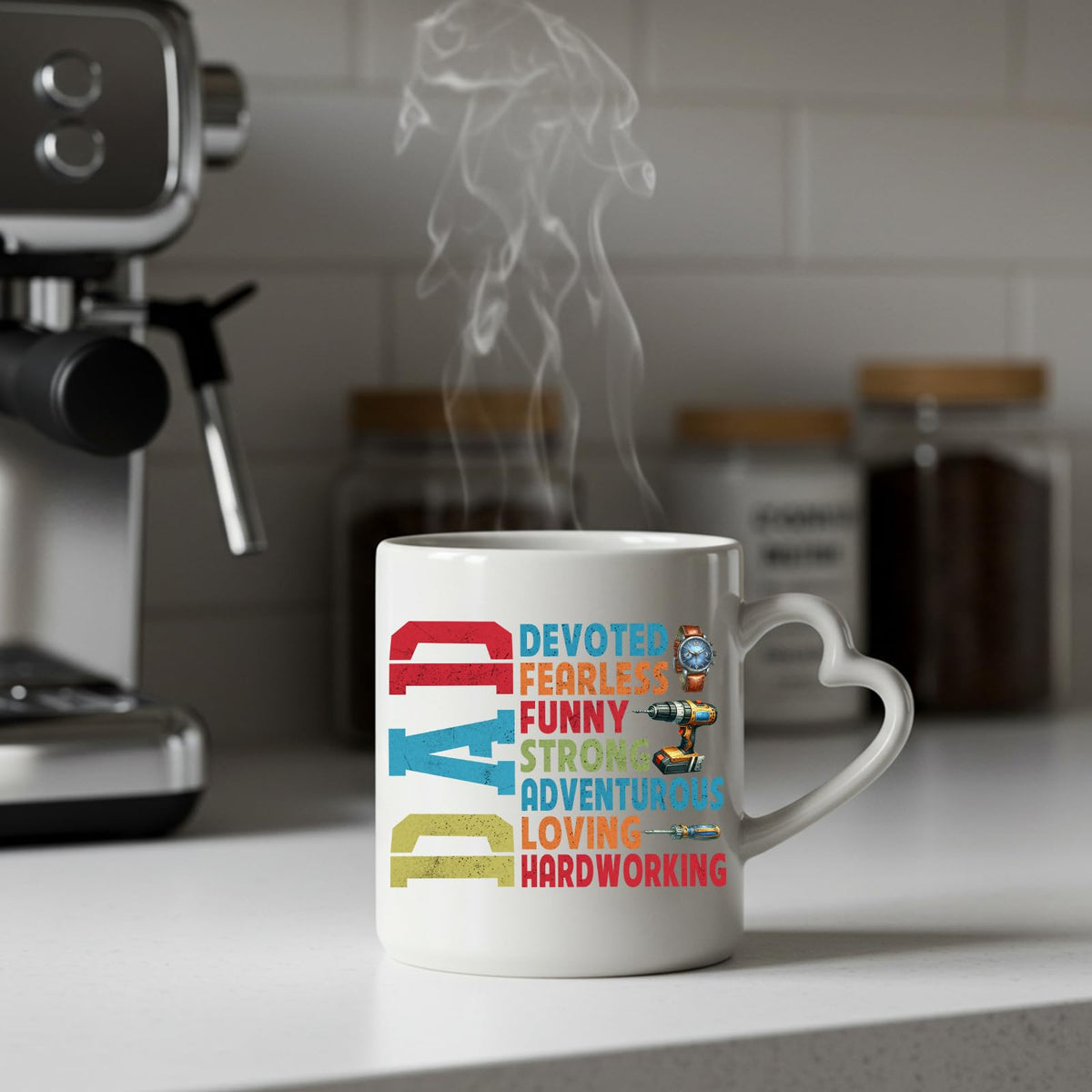 Steaming DAD Devoted heart-handle mug on a kitchen counter