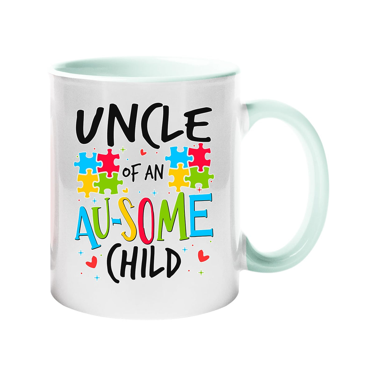Colour handle mug with “Uncle of an AU-SOME child” with colourful puzzle pieces – lime handle and inside