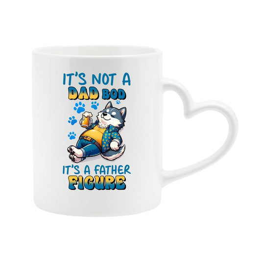 White heart-handle mug with a relaxed husky with a beer and “It’s not a dad bod, it’s a father figure”