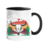 Colour handle mug with a bull skull, cacti and a retro desert sunset with “The Cool Dad” – black handle and inside