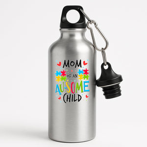Silver aluminium water bottle with “Mom of an AU-SOME child” with colourful puzzle pieces and hearts