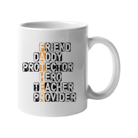 White mug with a “FATHER” acrostic – friend, daddy, protector, hero, teacher, provider