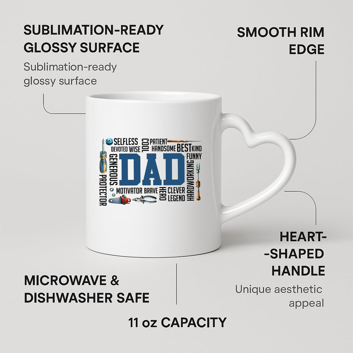Heart-handle mug with labels for 11oz capacity, glossy surface and heart-shaped handle