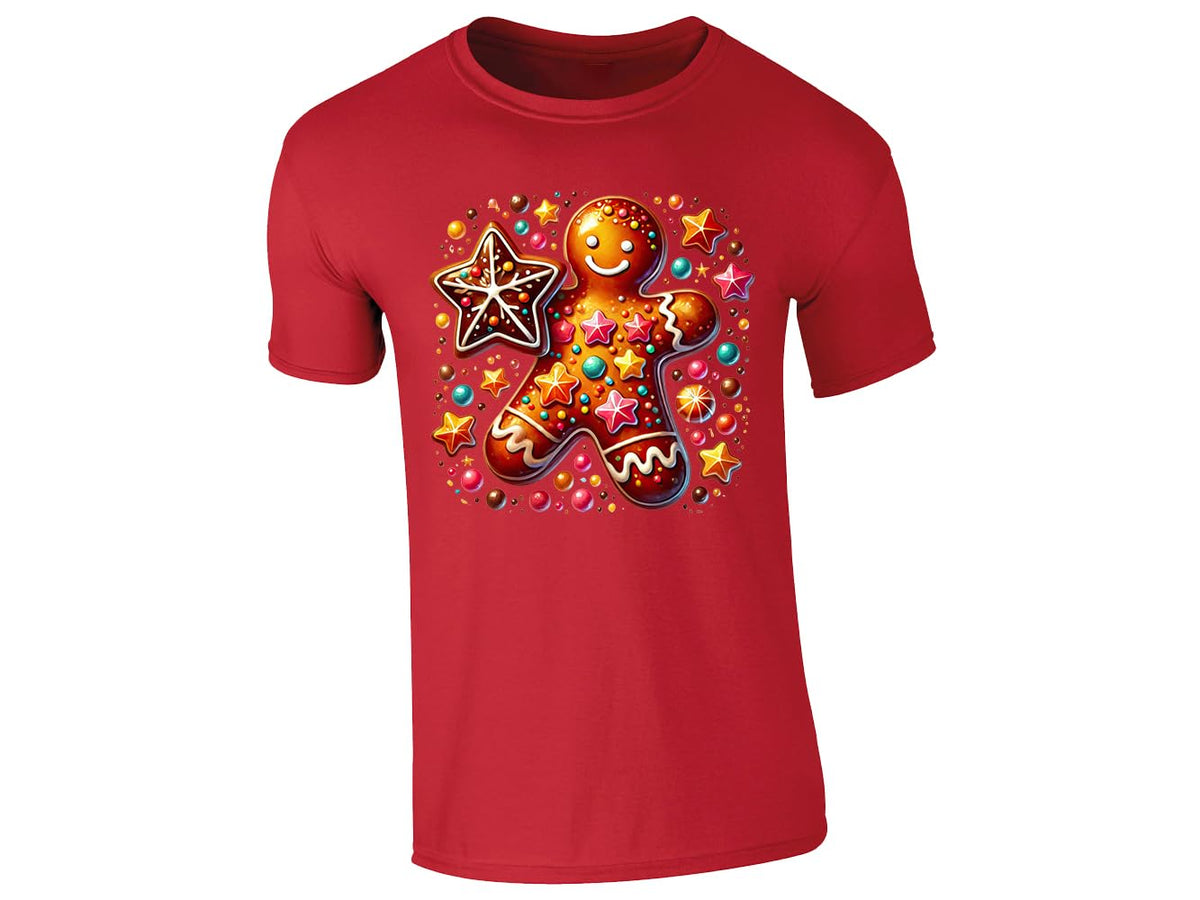 Red men's T-shirt with gingerbread man and Christmas sweets design