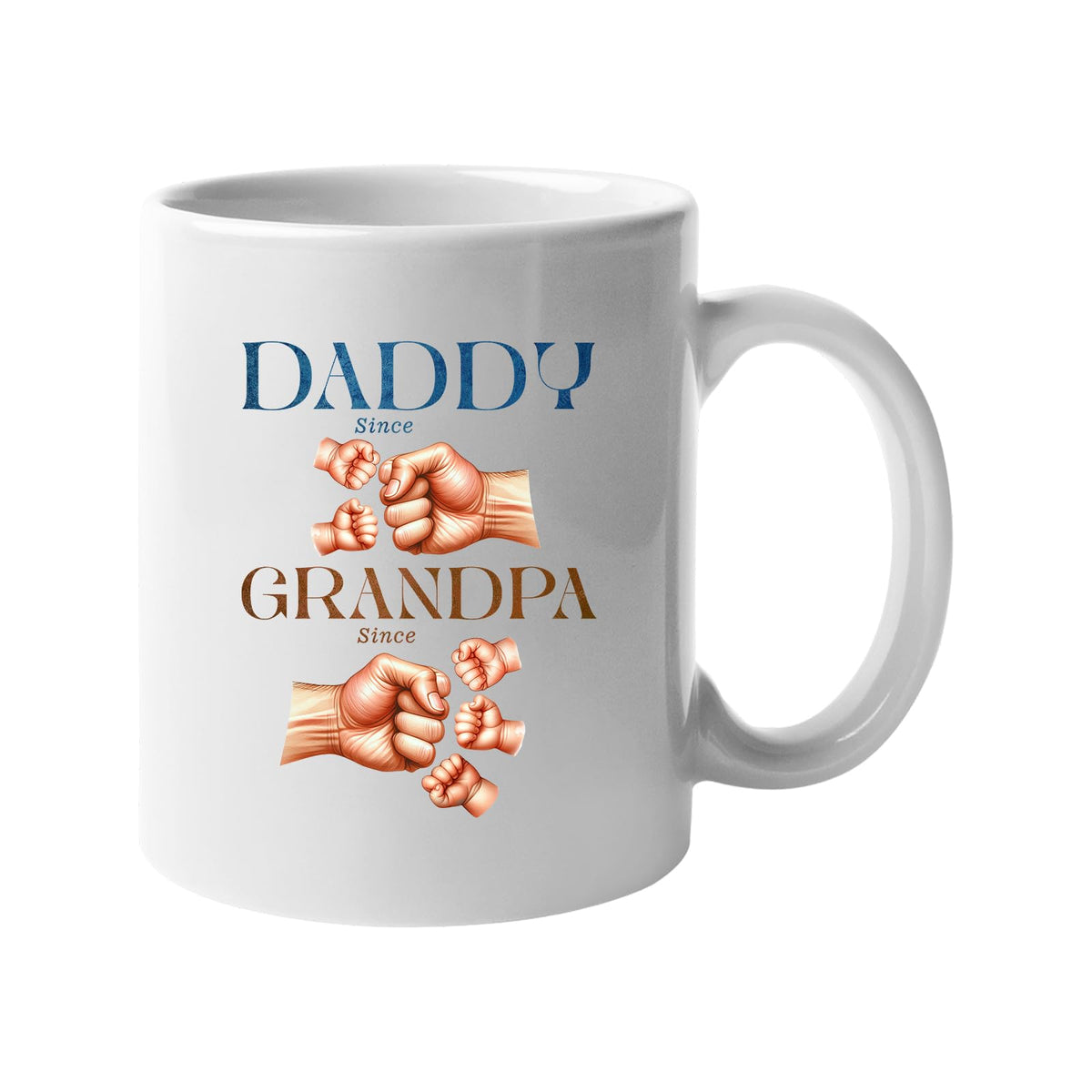 White mug with “Daddy since” and “Grandpa since” with generations of fist bumps