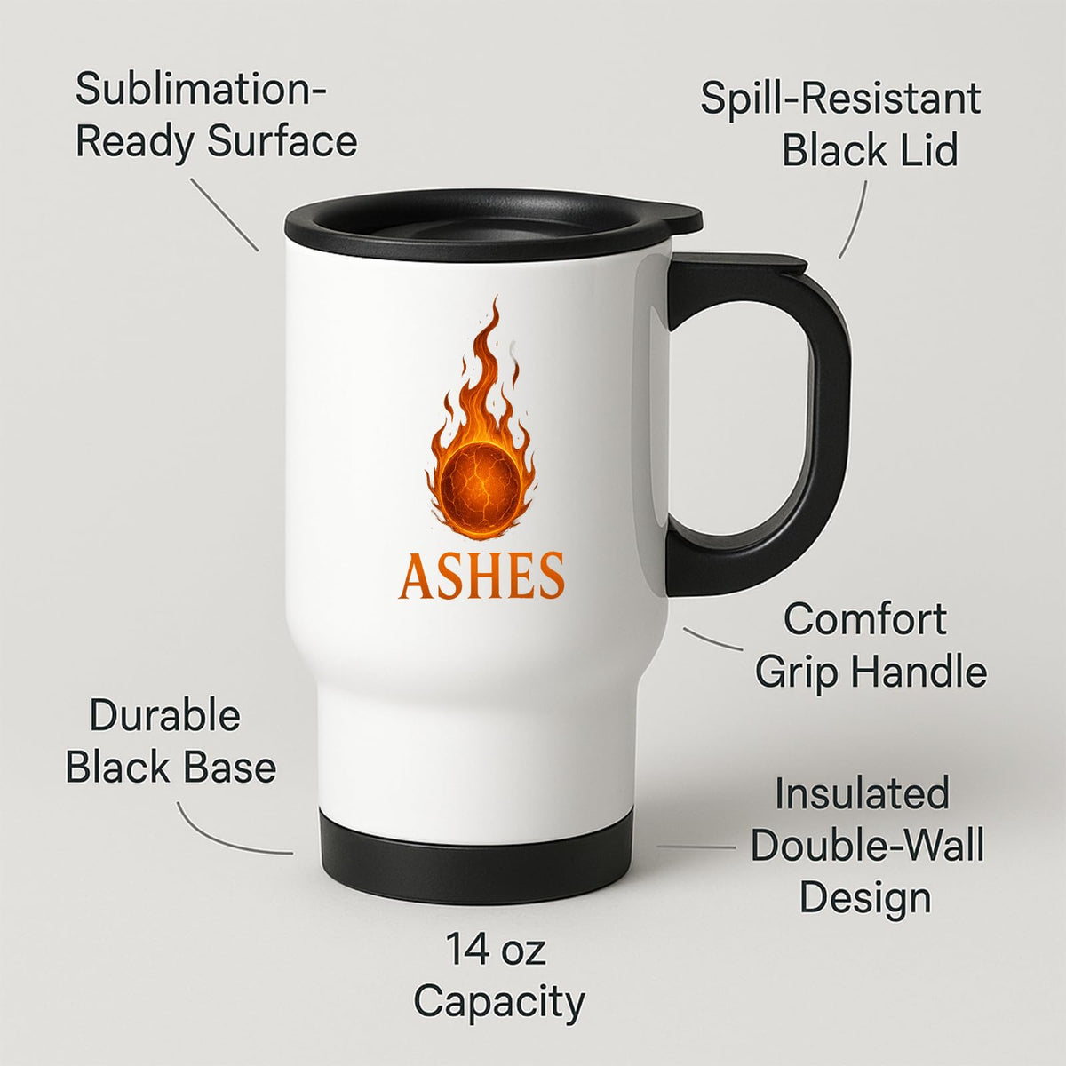 Ashes travel mug with labels for spill-resistant lid and 14oz capacity