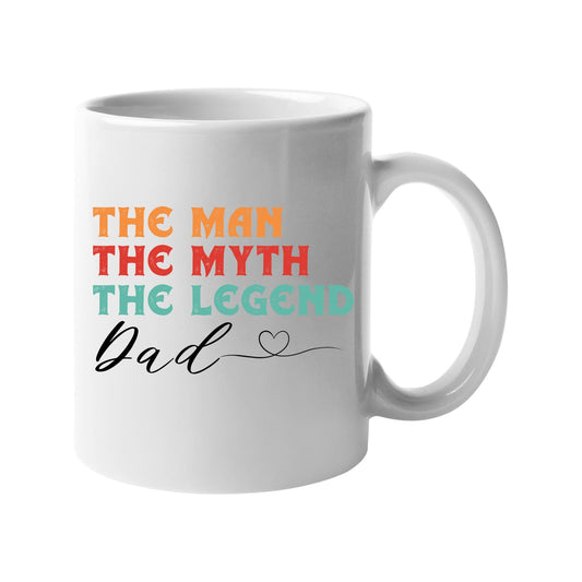 White mug with “The man, the myth, the legend” in retro colours signed “Dad” with a heart