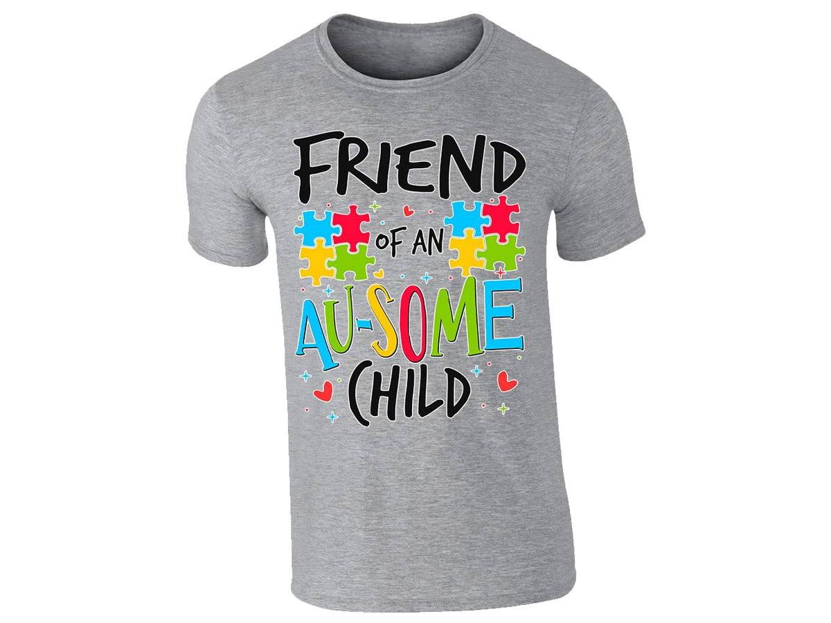 Heather Grey men's T-shirt with “Friend of an Au-some child” puzzle piece design