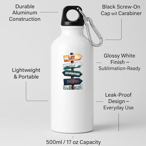 White aluminium water bottle with wooden signposts spelling out “Let the adventure begin”