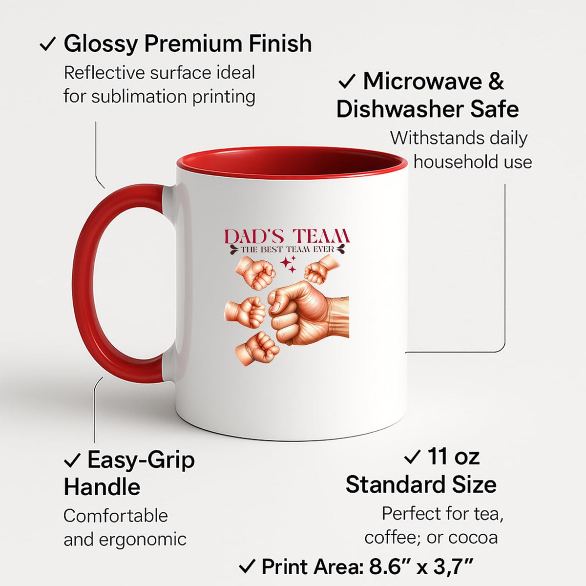 Colour handle mug with labels for 11oz size, glossy finish and easy-grip handle
