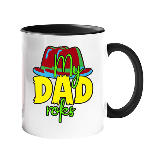 Colour handle mug with the colourful My Dad Rocks hat design, black handle and inside