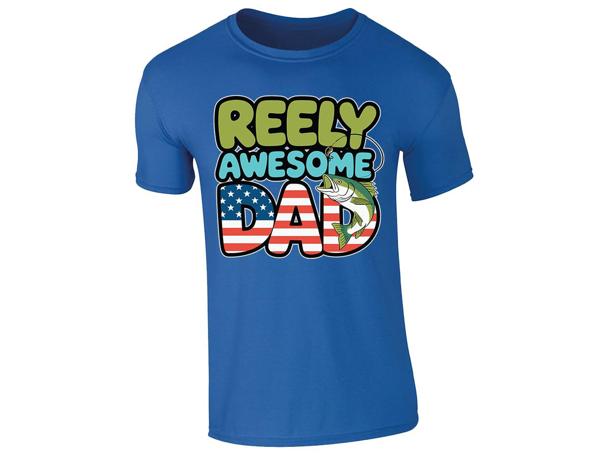 Royal Blue men's T-shirt with “Reely Awesome Dad” stars and stripes fish design