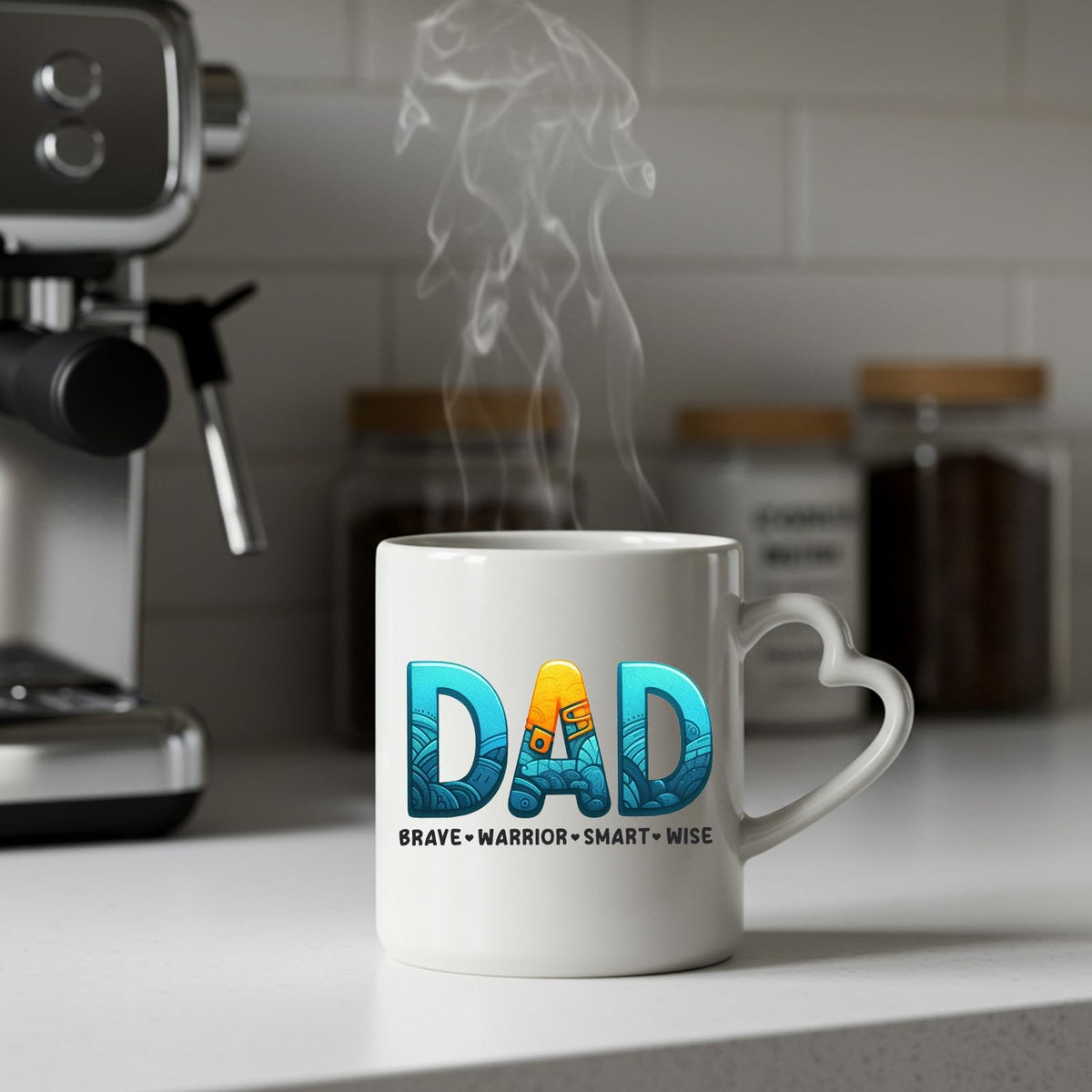 Steaming DAD Brave Warrior heart-handle mug on a kitchen counter