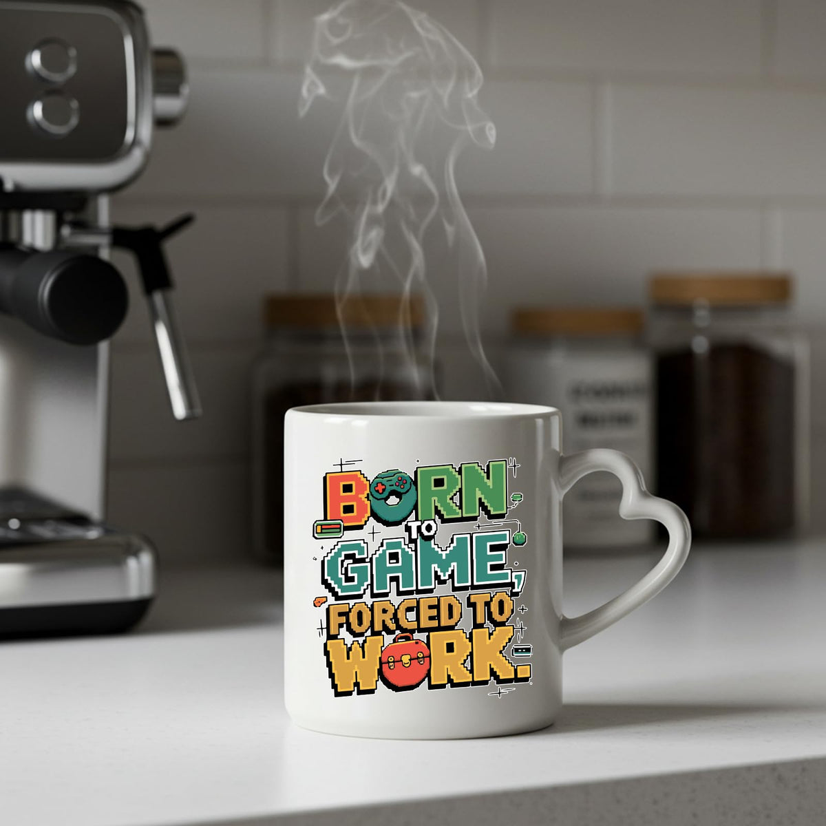 Steaming Born to Game heart-handle mug on a kitchen counter