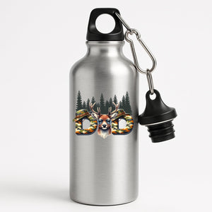 Silver aluminium water bottle with camo “DAD” letters with a stag’s head and pine forest