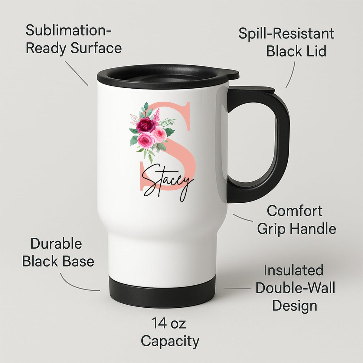 Travel mug with a blush pink initial with roses and an example name and feature labels