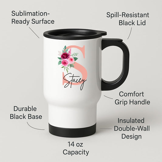 Travel mug with a blush pink initial with roses and an example name and feature labels
