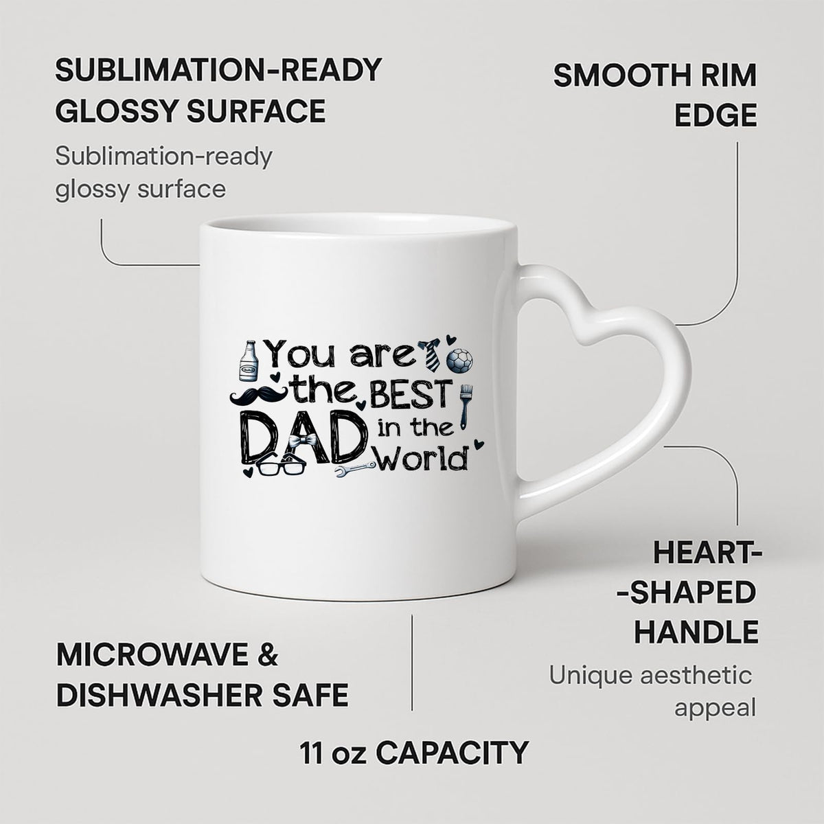 Heart-handle mug with labels for 11oz capacity, glossy surface and heart-shaped handle