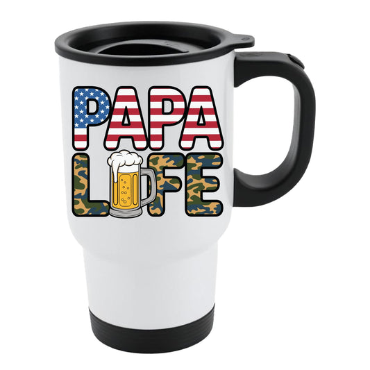 White travel mug with black lid and “Papa” in stars and stripes over camo “Life” with a frothy beer
