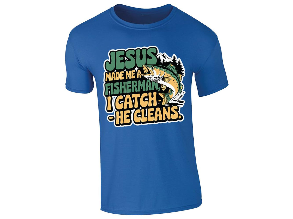 Royal Blue men's T-shirt with “Jesus made me a fisherman – I catch, He cleans” design