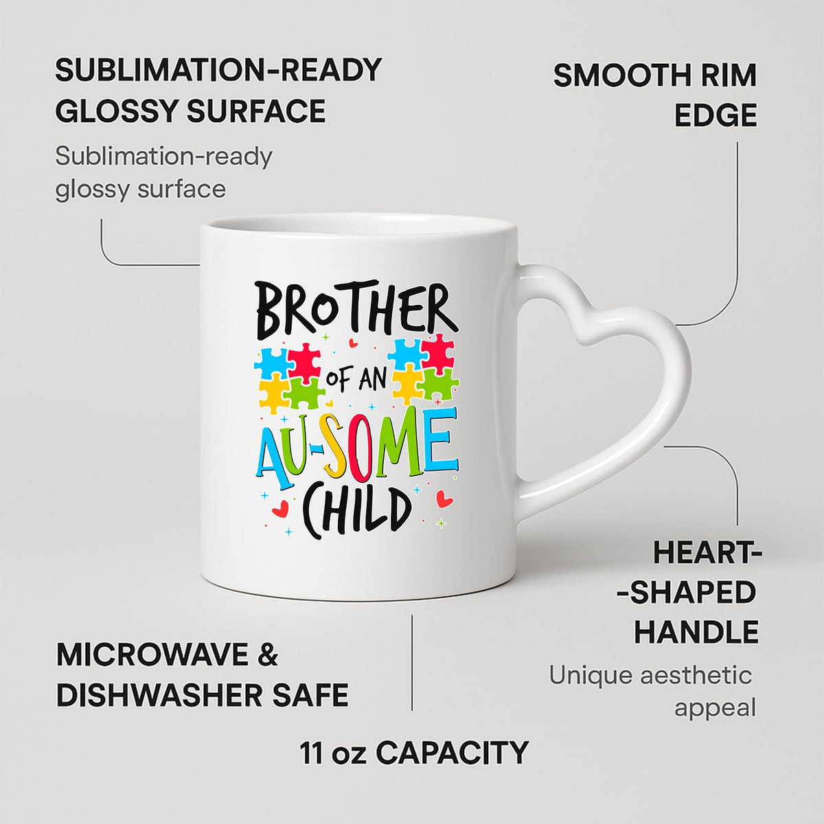 Heart-handle mug with labels for 11oz capacity, glossy surface and heart-shaped handle