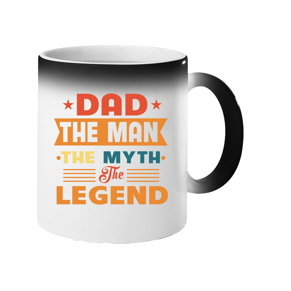 Colour changing mug revealing “Dad – the man, the myth, the legend” in retro banner lettering