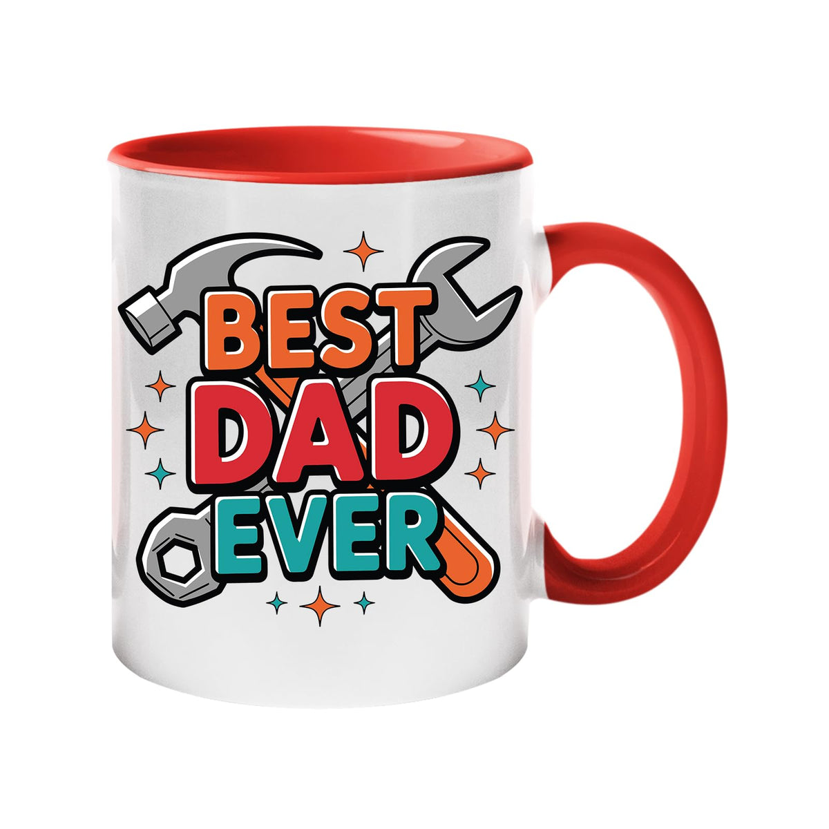 Colour handle mug with “Best Dad Ever” framed by a hammer and spanner – red handle and inside