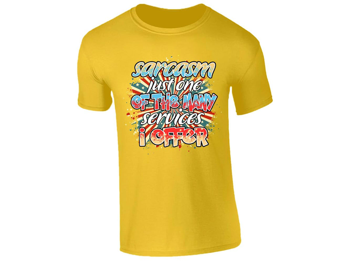 Yellow men's T-shirt with “Sarcasm – just one of the many services I offer” design