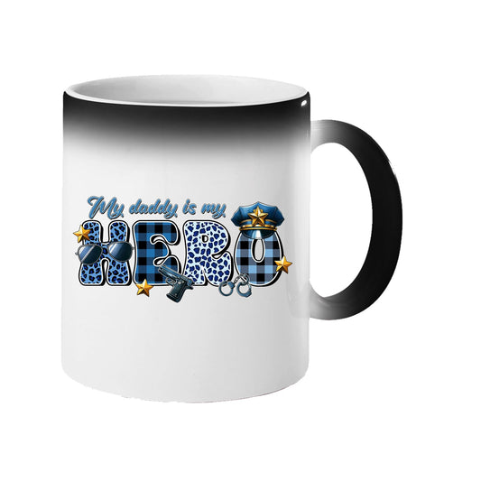 Colour changing mug revealing “My daddy is my hero” in blue plaid and leopard letters with a police cap and badge