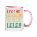 Colour handle mug with “Legend. Husband. Dad. Papa.” in distressed retro colour blocks – light pink handle and inside