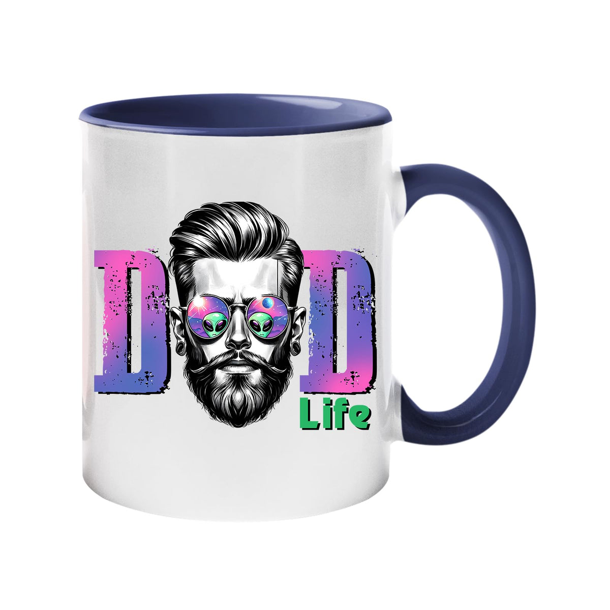 Colour handle mug with a bearded dad in sunglasses between pink “DAD” letters signed “Life” – dark blue handle and inside