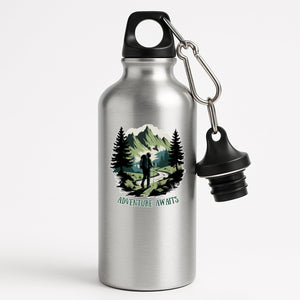 Silver aluminium water bottle with a hiker on a mountain trail between pine trees with “Adventure awaits”