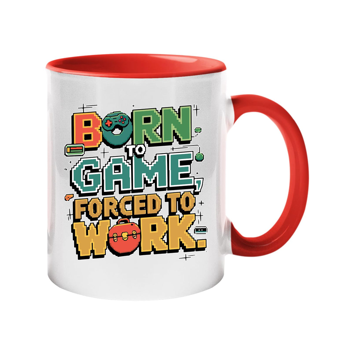 Colour handle mug with “Born to game, forced to work” in colourful arcade lettering – red handle and inside