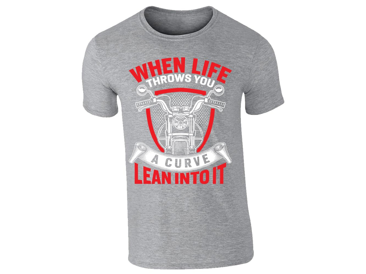 Heather Grey men's T-shirt with “When life throws you a curve, lean into it” motorcycle design