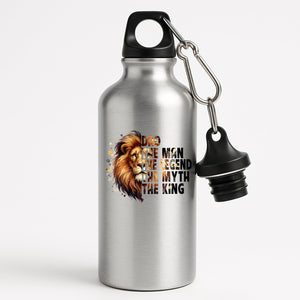 Silver aluminium water bottle with a lion’s head beside “Dad – the man, the legend, the myth, the king”