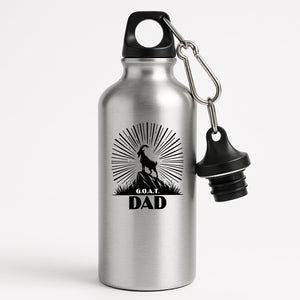 Silver aluminium water bottle with a mountain goat on a peak with a sunburst and “G.O.A.T. Dad”