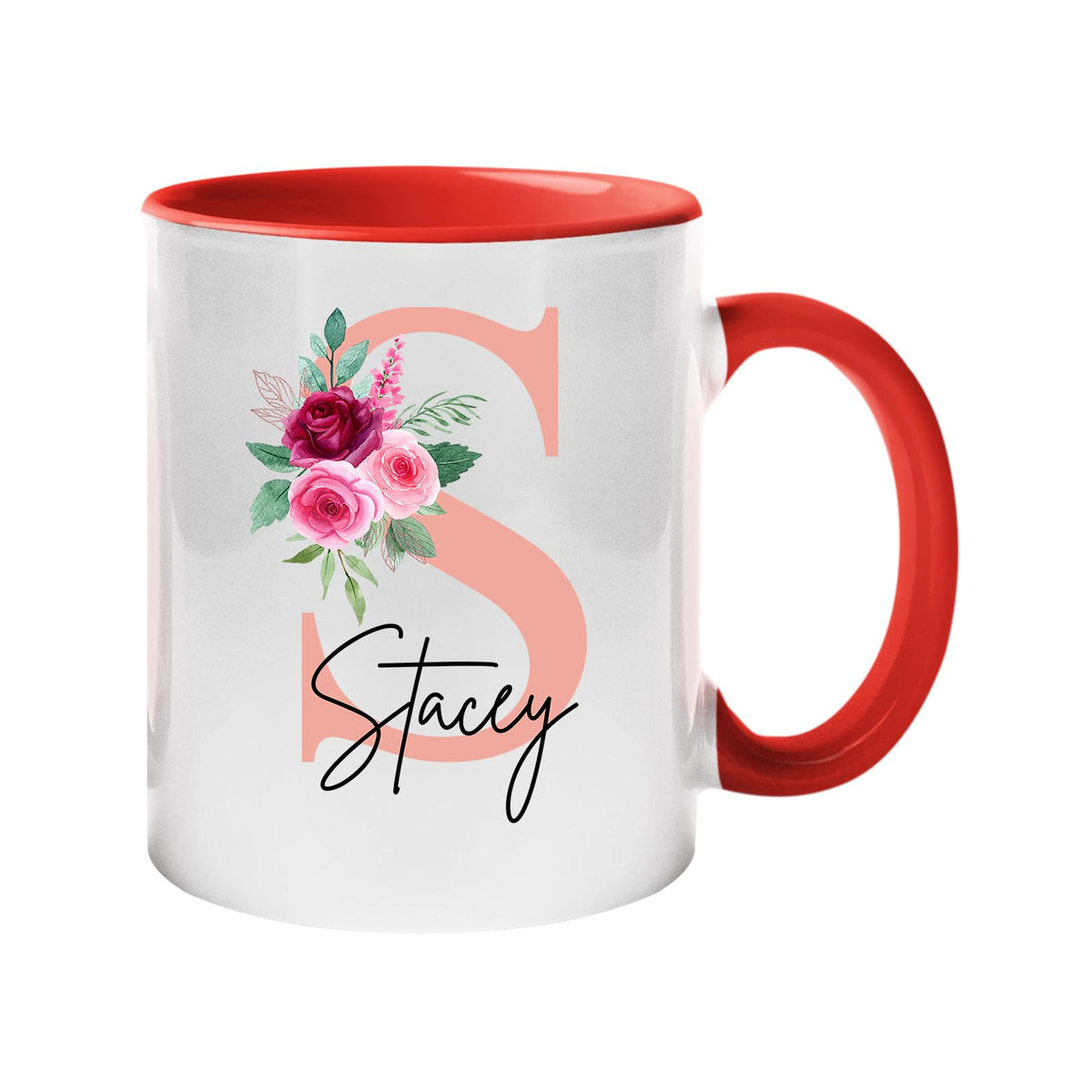 Red handle mug with a blush pink initial with roses and an example name