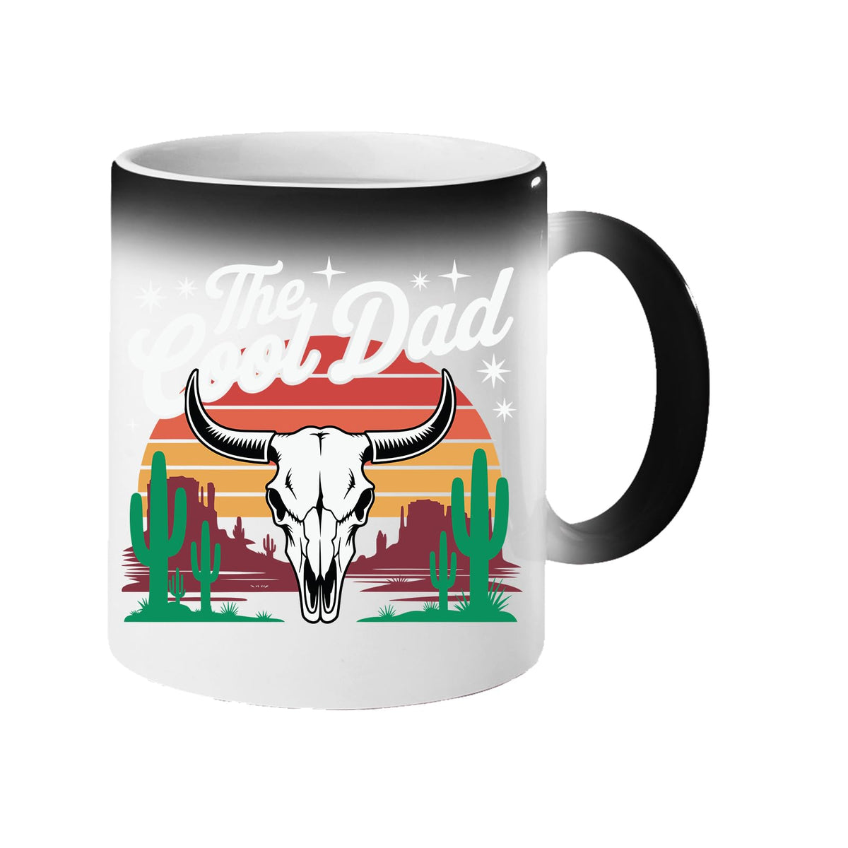 Colour changing mug revealing a bull skull, cacti and a retro desert sunset with “The Cool Dad”