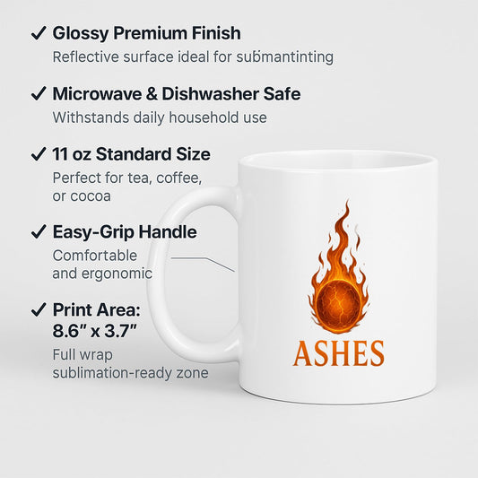Ashes cricket mug with labels for the glossy finish and 11oz size