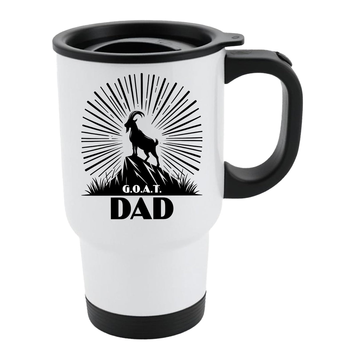 White travel mug with black lid and a mountain goat on a peak with a sunburst and “G.O.A.T. Dad”